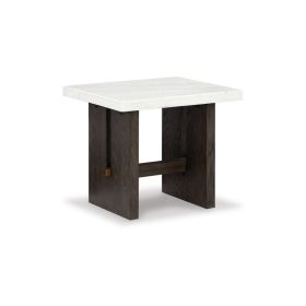 Haus Side End Table, Marble Top, Panel Legs, 26 Inch Brown Solid Wood