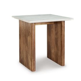 Wrenn Side End Table, Marble Top, 24 Inch Rectangular Brown Mango Wood