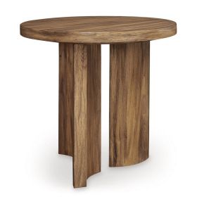 Anny Side End Table, Round Curved Plinth 24 Inch Warm Brown Oak Veneer