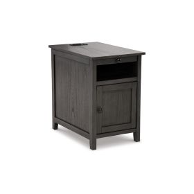 Gena Side End Table, Shelf and Pull Out Tray, Gray Solid Wood 24 Inch