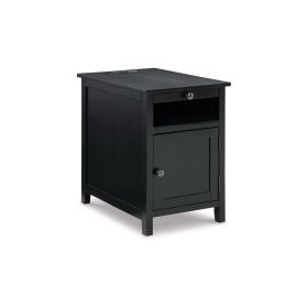 Gena Side End Table, Shelf and Pull Out Tray, Black Solid Wood 24 Inch