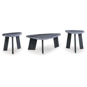 Bey 3pc Coffee n Table Set, Gray Faux Marble Top, Geometric Panel Base