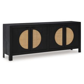 Sideboard Cabinet Console, 4 Doors Woven Cane, 70 Inch Black and Brown