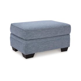 Sano Ottoman, Denim Blue Polyester, Soft Cushions, Black Wood, 38 Inch