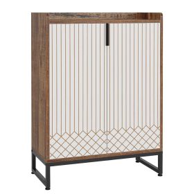 Shoe Cabinet Console, Gold Strip Doors, 5 Shelves, 41 Inch Brown White