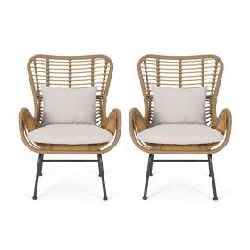 Margo Outdoor Accent Chair, Brown Woven Rattan, Beige, Black Metal