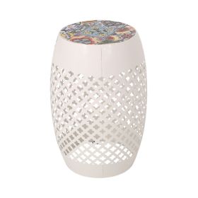 Rosie Outdoor Side Table, White Iron, Lace Cut Drum Structure, 12 Inch