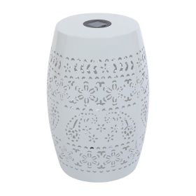 Sola Side Table, Solar Powered Light, 18 Inch Barrel Shaped White Iron