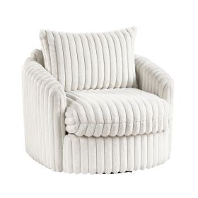 Goro Round Swivel Accent Chair, 39 Inch, Beige Corduroy, Solid Wood