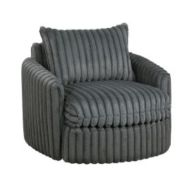 Goro Round Swivel Accent Chair, 39 Inch, Gray Corduroy, Solid Wood
