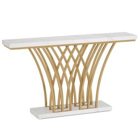 Sofa Console Table, 59 Inch White Faux Marble, Sculptural Gold Base