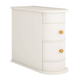 Side Table Nightstand w 2 Drawers, Narrow Curved Design, White, Gold