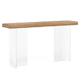 Sofa Console Table, 47 Inch Brown Top w Wave Edges, Clear Acrylic Legs