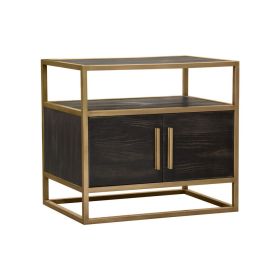 Chek 26 Inch Side Table Nightstand, 2 Doors, 1 Shelf,  Dark Brown, Gold Steel