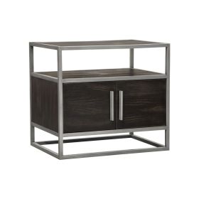 Chek 26 Inch Side Table Nightstand, 2 Doors, 1 Shelf,  Dark Brown, Silver Steel