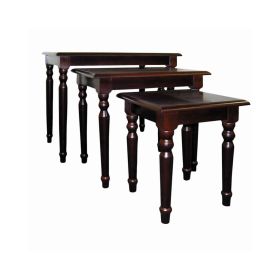 3 Piece Wooden Nesting Tables with Turned Tapered Legs, Cherry Brown