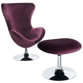 Fabric Curved Design Chair with Ottoman and Tubular Base, Set of 2, Purple