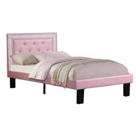 Silky And Sheeny Wooden Full Bed With Pink PU Tufted Head Board, Pink Finish
