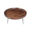 Gia Handcrafted Round Mango Wood  Coffee Table with Tray Top,  Dark Walnut Brown, Black Iron Legs