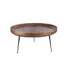 Gia Handcrafted Round Mango Wood  Coffee Table with Tray Top,  Dark Walnut Brown, Black Iron Legs