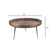 Gia Handcrafted Round Mango Wood  Coffee Table with Tray Top,  Dark Walnut Brown, Black Iron Legs