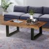 45 Inch Acacia Wood Rectangular Coffee Table, Live Edge Details, Black Powder Coated Metal Sled Base, Natural Brown