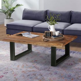 45 Inch Acacia Wood Rectangular Coffee Table, Live Edge Details, Black Powder Coated Metal Sled Base, Natural Brown
