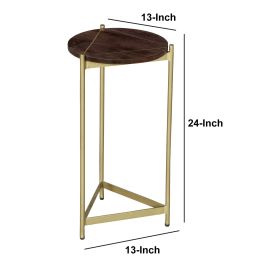 Brita 12 Inch Side End Table, Round Mango Wood Top, Triangular Iron Base, Brown, Brass
