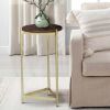 Brita 12 Inch Side End Table, Round Mango Wood Top, Triangular Iron Base, Brown, Brass