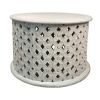 Cato 28 Inch Artisanal Round Mango Wood Coffee Table, Intricate Diamond Lattice Cut Out Frame, Washed White