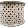 Cato 28 Inch Artisanal Round Mango Wood Coffee Table, Intricate Diamond Lattice Cut Out Frame, Washed White