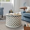 Cato 28 Inch Artisanal Round Mango Wood Coffee Table, Intricate Diamond Lattice Cut Out Frame, Washed White