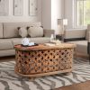 36 Inch Handcrafted Oval Coffee Table, Intricate Cutout Design, Antique Brown