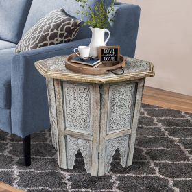 Olta 18 Inch Handcrafted Farmhouse Side Table, Engraved Carved Design, Mango Wood, Octagonal Top, Antique Brown