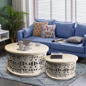 30 Inch Round 2 Piece Wood Coffee Table Set, Carved Floral Design, Antique White