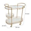 33 Inch Serving Cart, 3 Tier Glass and Marble Shelves, Gold Iron Frame, Lockable Casters
