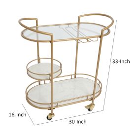 33 Inch Serving Cart, 3 Tier Glass and Marble Shelves, Gold Iron Frame, Lockable Casters