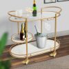 33 Inch Serving Cart, 3 Tier Glass and Marble Shelves, Gold Iron Frame, Lockable Casters