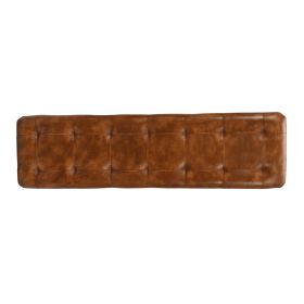 60 Inch Artisanal Button Tufted Accent Bench, Brown Leather Upholstery, Black Powder Coated Metal Frame