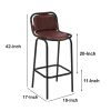 31 Inch Bar Height Chair, Brown Genuine Leather Upholstery, Black Iron Metal Frame