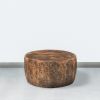 Rea 34 Inch Handcrafted Mango Wood Coffee Table, Round Drum Shape, Carved Damask Pattern, Walnut Brown