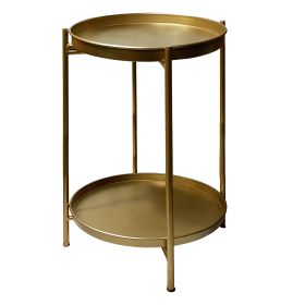 Vica 20 Inch High Round Side End Table with 2 Tier Iron Frame, Matte Gold