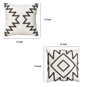 17 x 17 Inch Square Cotton Accent Throw Pillows, Geometric Aztec Embroidery, Set of 2, White, Gray
