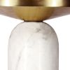 17 Inch Round Brass Modern Accent End Table with Cylindrical Marble Base, Brass, White