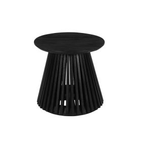 Ridge 20 Inch Handcrafted Mango Wood Round End Side Table, Slatted Flared Base, Black