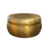Kvira 32" Artisanal Round Drum Coffee Table, Hammered Embossed Texturing, Aluminum, Antique Brass