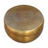 Kvira 32" Artisanal Round Drum Coffee Table, Hammered Embossed Texturing, Aluminum, Antique Brass