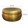 Kvira 32" Artisanal Round Drum Coffee Table, Hammered Embossed Texturing, Aluminum, Antique Brass