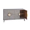 Abiel 55 Inch Mango Wood Sideboard Buffet Cabinet Console, 4 Doors, Inner Shelf, Ornate Diamond Carving, Gray