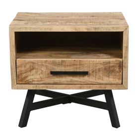 Bree 22 Inch Modern Rustic Single Drawer Nightstand, Brown Mango Wood Frame, Black Iron Angled Legs